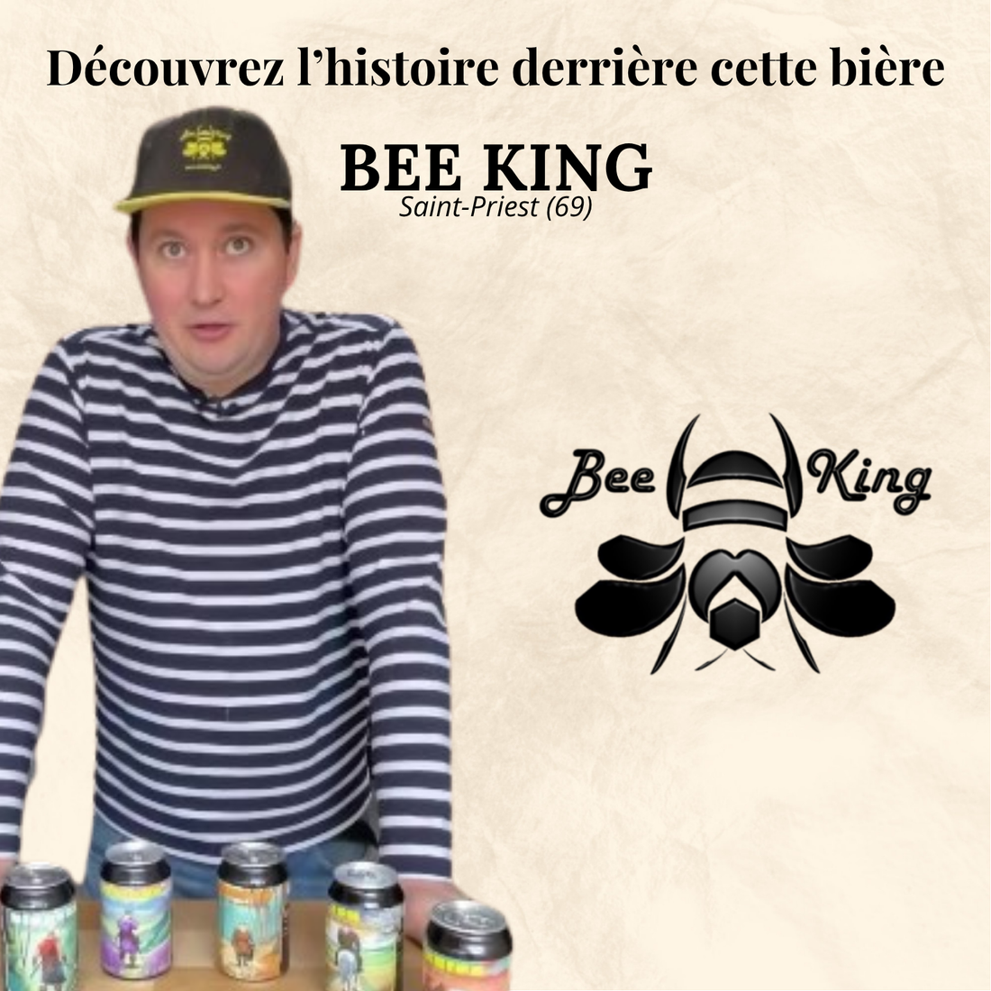 Affiche de la brasserie BeeKing avec la photo du brasseur et son logo