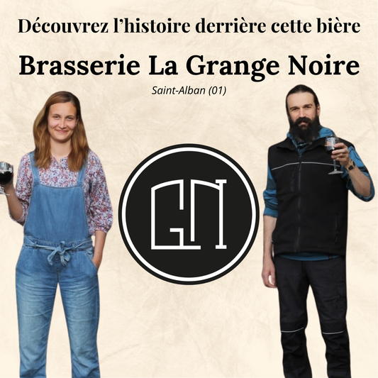 Affiche de la brasserie Grange Noire avec la photo des brasseurs et son logo