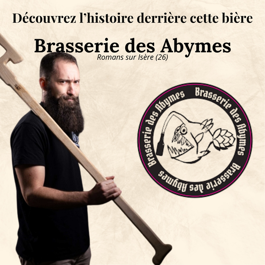 Affiche de la brasserie des Abymes avec la photo du brasseur et son logo