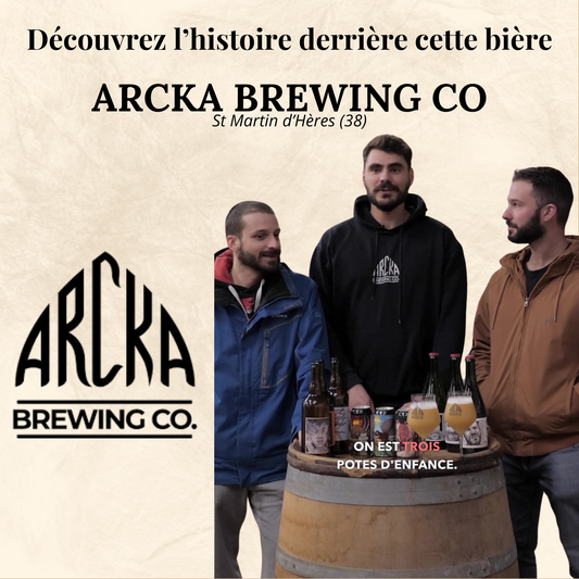 affiche de la brasserie ARCKA BREWING CO. avec la photo des brasseurs et le logo