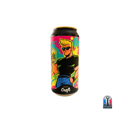Canette de bière Johnny Sabro de la brasserie Arav Savoy - étiquette colorée avec illustration prop et description humoristique d'une DIPA DDH aux arômes de coco, mangue et bonbons tropicaux