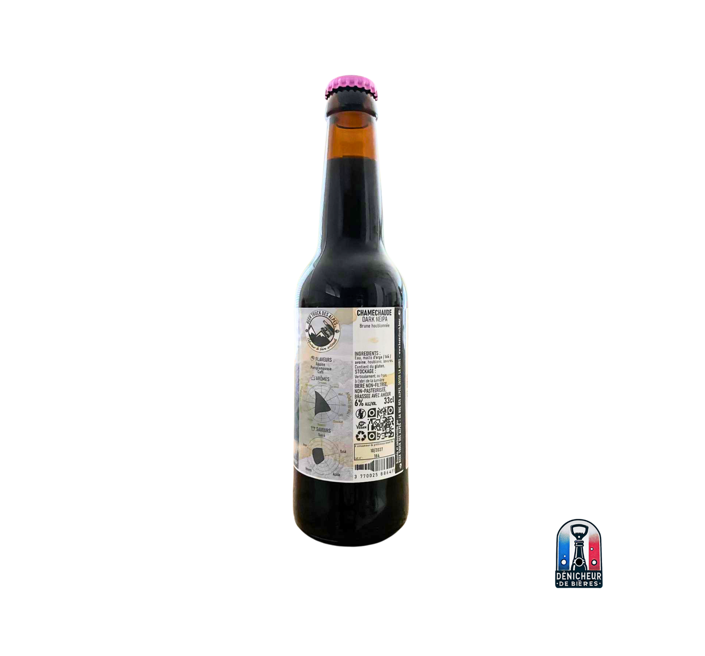 arrière étiquette Chamechaude - ingrédients, graphe de saveurs et mentions de houblons, 6% ABV, 33 cl