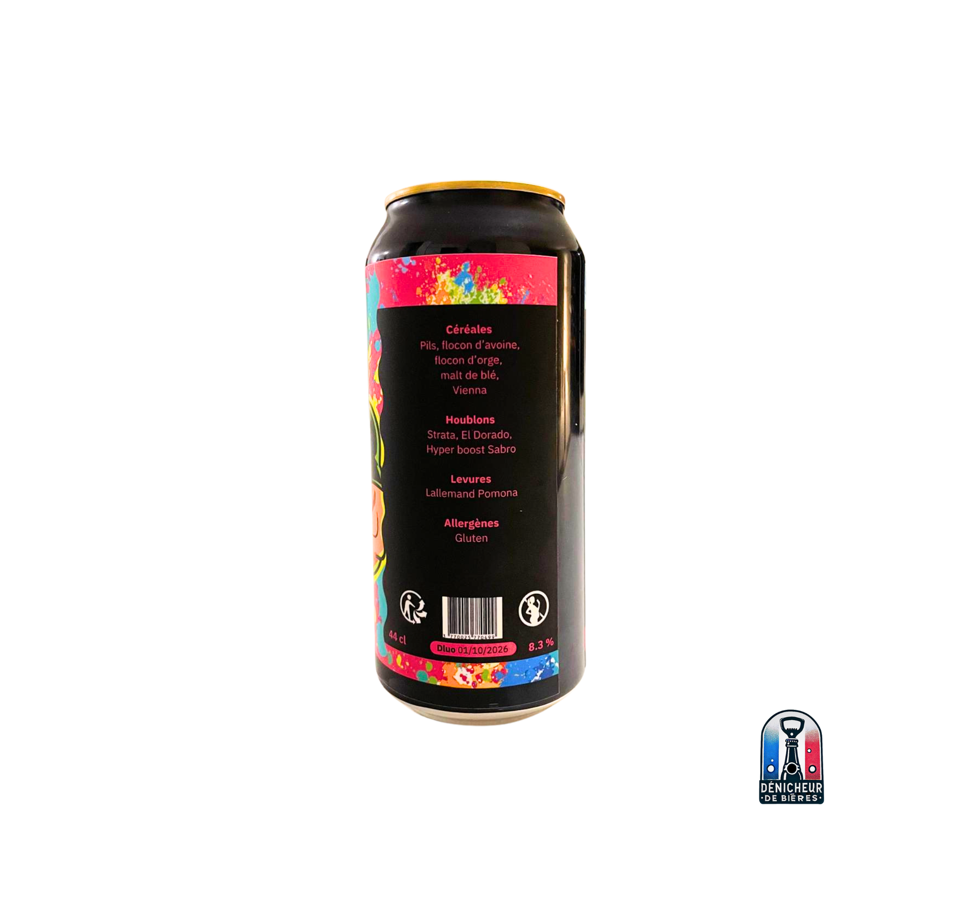 Arrière de la cannette Johnny Sabro - liste des ingrédients et houblons : strata, el dorado, Hyper Boost sabro avec une teneur en alcool de ,3% et une contenance de 44 cl