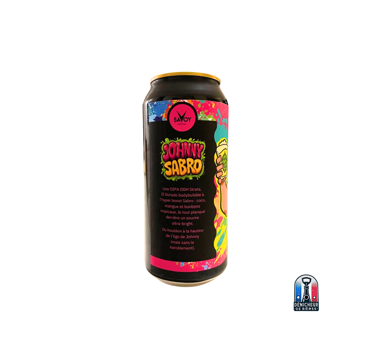 Canette de bière artisanale Johnny Sabro vue de dos, mentionnant les céréales pils, flocon d'avoine, orge malt de blé et Vienna, ainsi que de la levure Lallemand Pomona